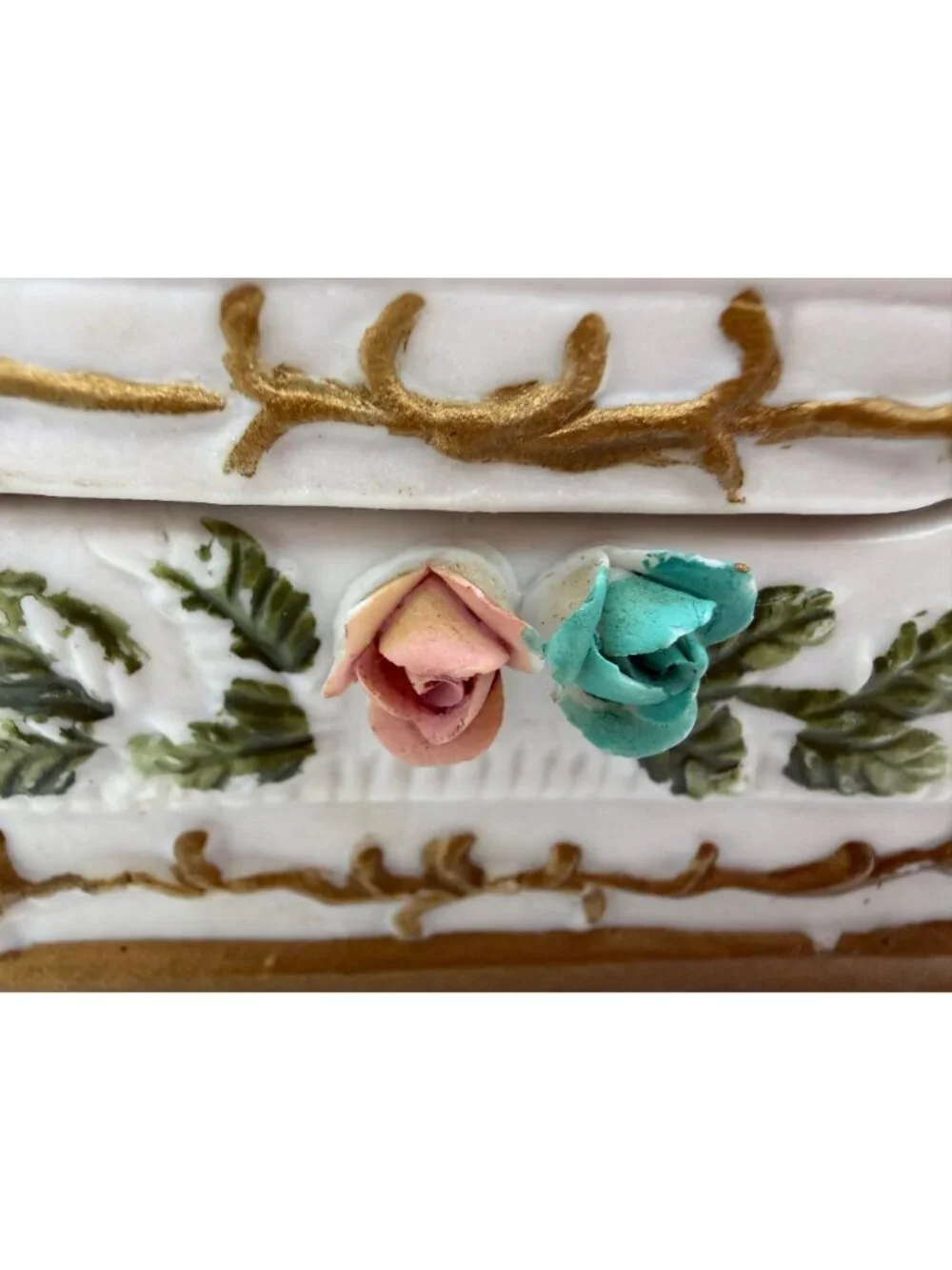 Vintage Bisque Porcelain Gramophone Phonograph Trinket Jewelry Box Applied Roses